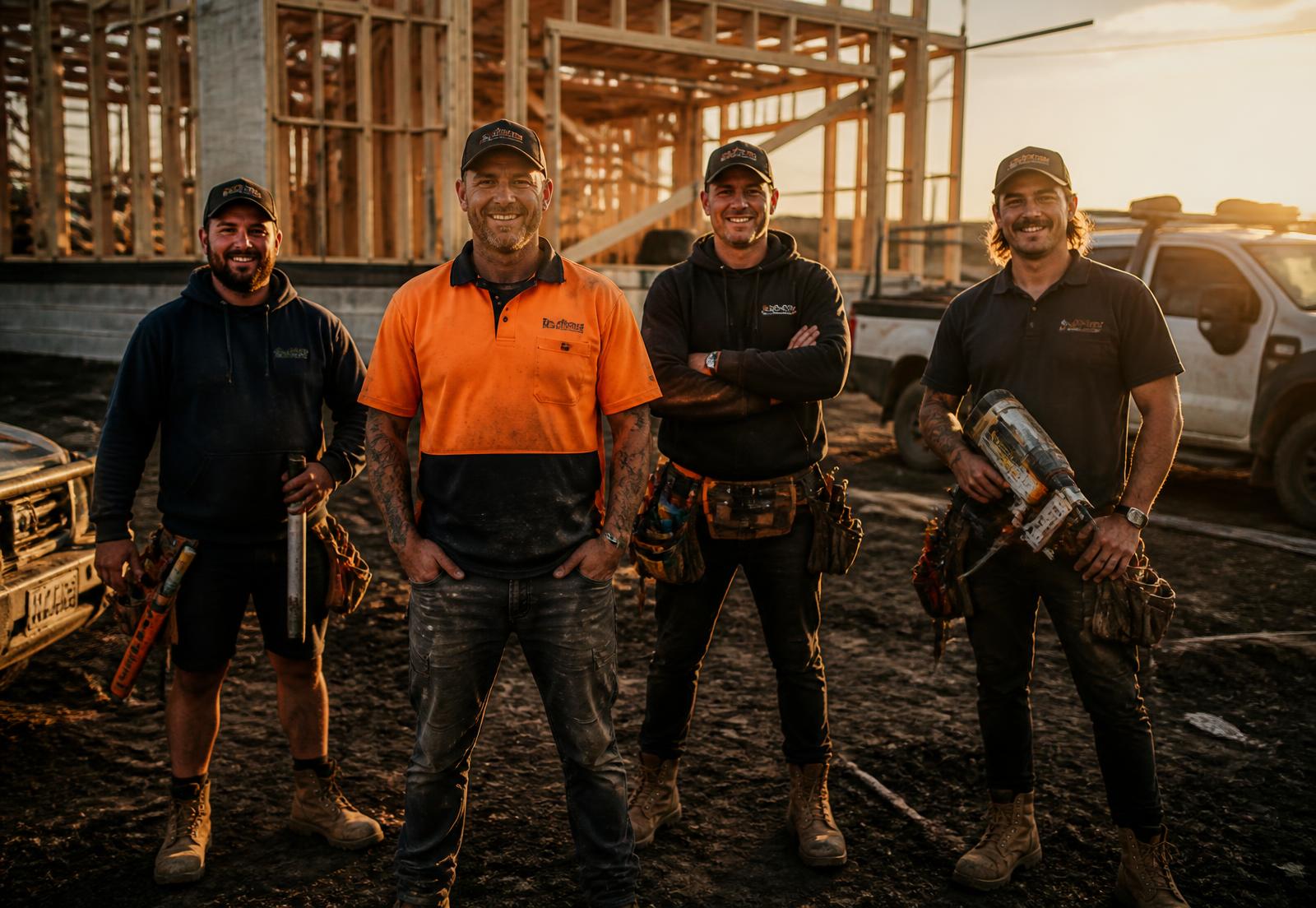 Australian builders, electricians, plumbers and carpenters on a residential building site at sunset